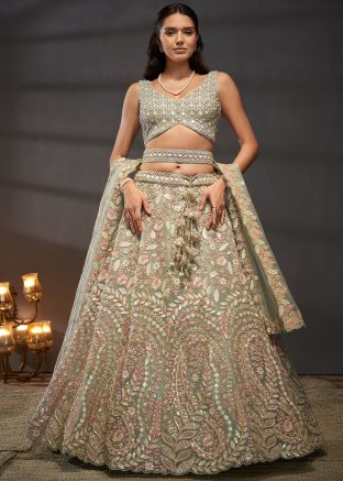 Green Sequins Embroidered Lehenga Choli In Net
