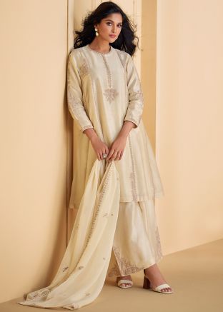 Cream Readymade Embroidered Palazzo Suit In Art Silk