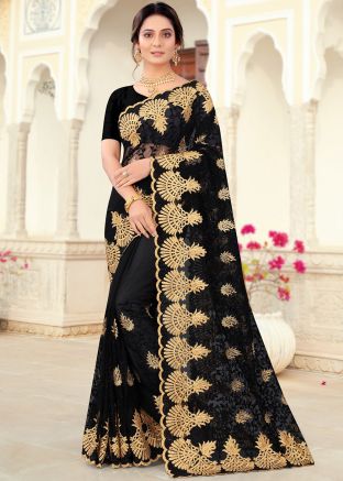 Black Zari Embroidered Net Saree