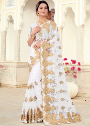 White Resham Embroidered Saree In Net