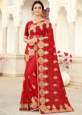 Red Embroidered Net Saree & Blouse