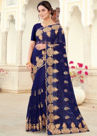 Navy Blue Net Saree In Zari Embroidery