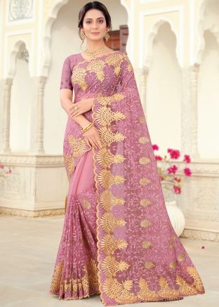 Pink Net Saree In Resham Embroidery