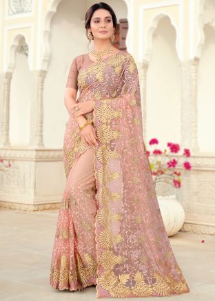 Peach Resham Embroidered Net Saree