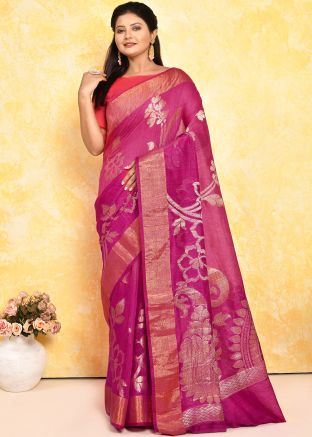 Pink Woven Detailed Saree In Pure Silk