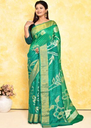 Green Woven Detailed Saree In Pure Silk