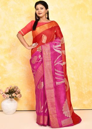 Red & Pink Woven Silk Saree In Half N Half