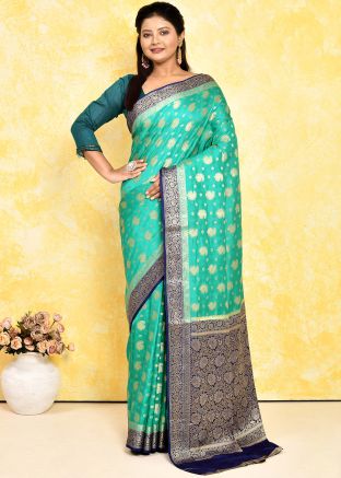 Turquoise Zari Woven Saree & Blouse