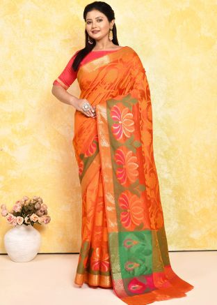 Orange Zari Woven Silk Detailed Saree 