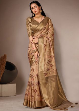 Golden Bhagalpuri Silk Saree In Digital Print