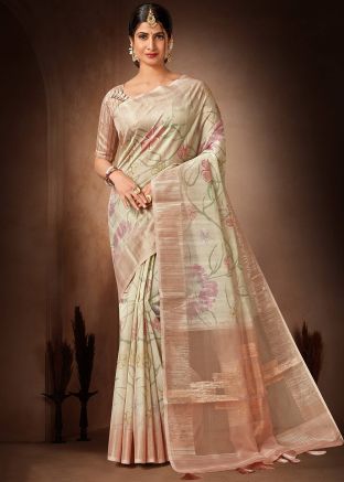 Beige Organza Saree In Floral Print