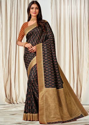 Black Tussar Silk Saree In Digital Print