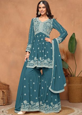 Blue Georgette Gharara Suit In Dori Embroidery