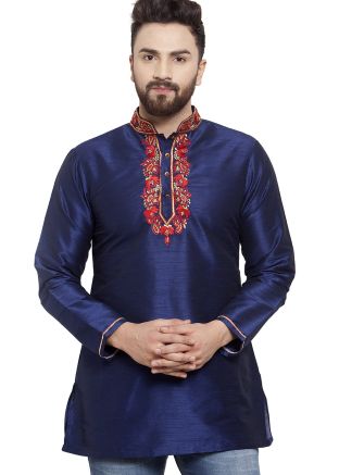 Navy Blue Dupion Silk Embroidered Short Kurta