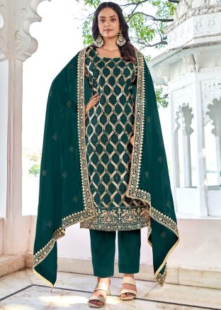 Teal Green Stone Embellished Pant Suit Set