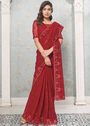 Red Sequins Embellished Saree In Georgette