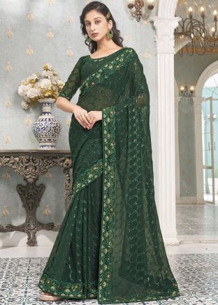 Green Sequins Embellished Saree In Georgette