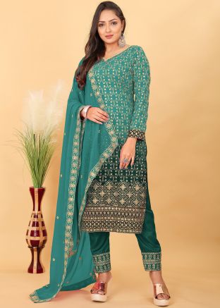 Shaded Green Embroidered Pant Suit Set