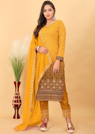 Shaded Yellow Zari Embroidered Pant Suit