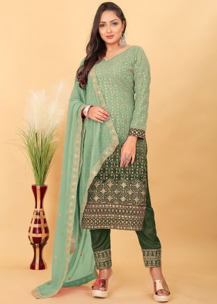 Shaded Green Embroidered Pant Suit Set