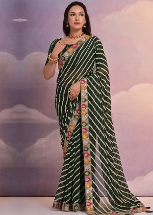 Green Georgette Saree In Leheria Print