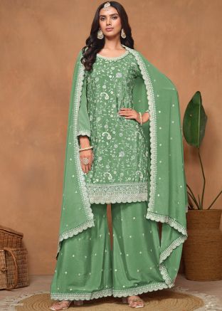 Green Dori Embroidery Chiffon Palazzo Suit
