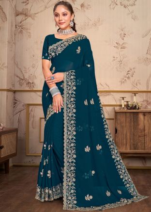 Blue Embroidered Saree In Georgette