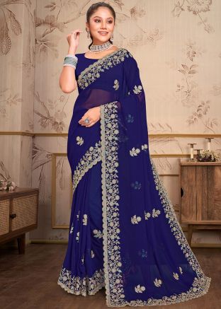 Blue Embroidered Saree In Georgette