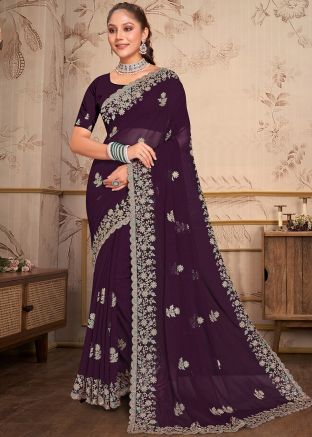 Purple Embroidered Saree In Georgette