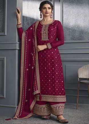 Prachi Desai Magenta Palazzo Suit In Dori Embroidery