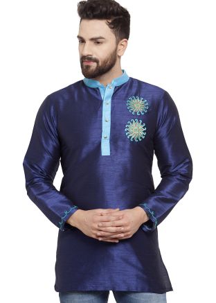Navy Blue Dupion Silk Readymade Short Kurta
