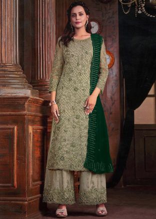 Pastel Green Thread Embroidered Palazzo Suit In Net