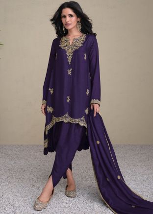 Readymade Purple Embroidered Asymmetric Salwar Kameez