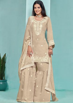 Beige Embroidered Gharara Set In Chanderi