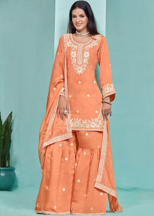 Orange Embroidered Gharara Set In Chanderi