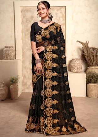 Black Embroidered Saree In Net