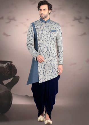 Grey Woven Overlapped Asymmetric Sherwani Dhoti Set