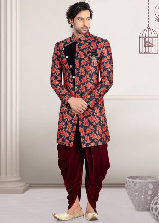 Navy Blue Woven Indo Western Sherwani With Dhoti Pant