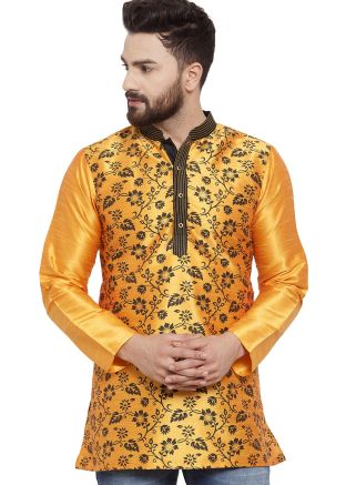 Yellow Floral Printed Readymade Short Kurta