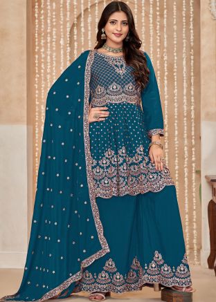 Blue Embroidered Palazzo Salwar Suit