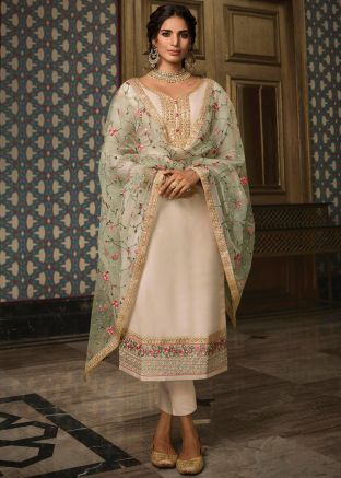 Cream Embroidered Pant Suit In Tussar Silk