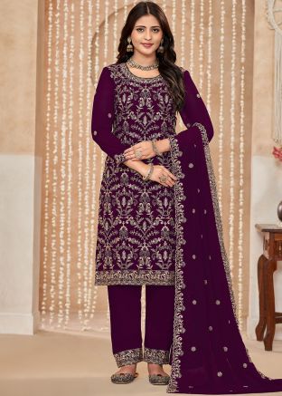 Purple Thread Embroidered Salwar Suit