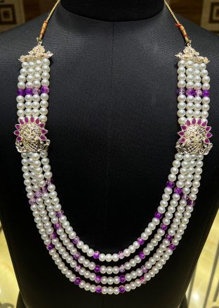 Cream and purple Beaded Groom Kantha Mala