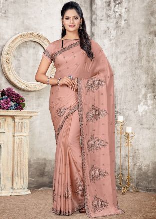 Peach Embroidered Art Silk Saree & Blouse