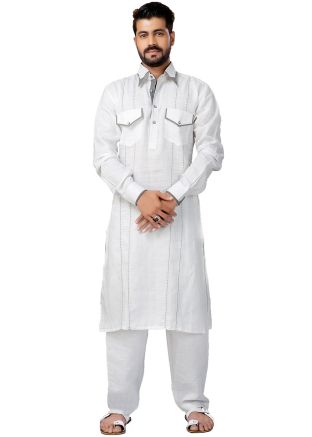 White Readymade Thread Work Pathani Suit