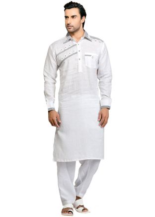 Readymade White Cotton Pathani Suit