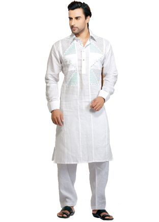 White Cotton Thread Work Pathani Suit