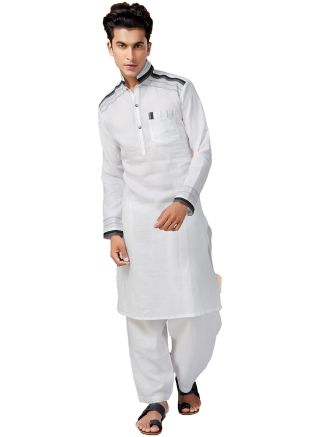 White Cotton Readymade Pathani Suit