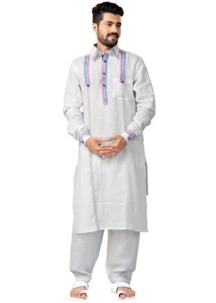 White Readymade Pathani Suit In Cotton