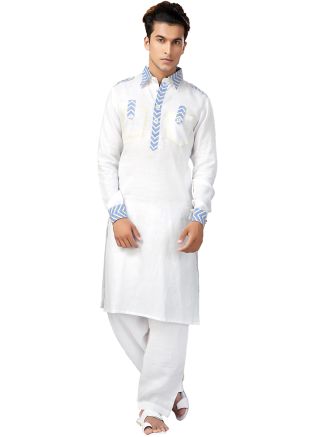 White Readymade Patch Work Pathani Suit